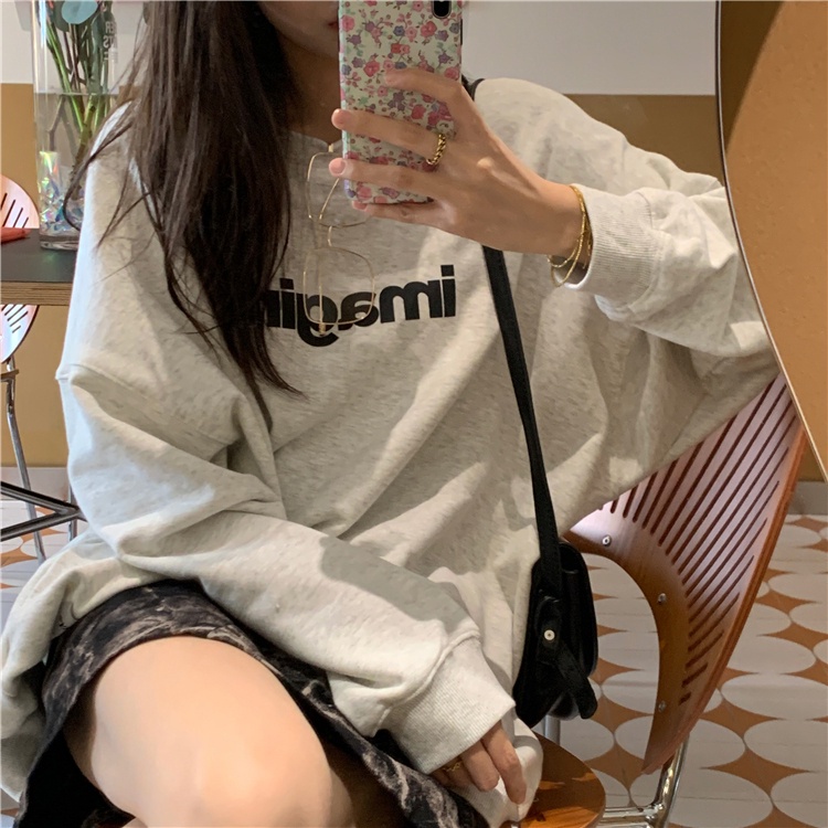 Porozi Áo sweater  cổ tròn in chữ phong cách Hàn Quốc dành cho nữ