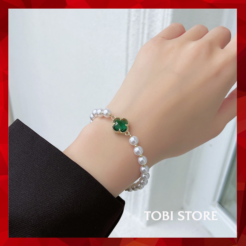 Vòng tay nữ ngọc trai nhân tạo TOBI STORE mặt đá xanh lục bảo TB326