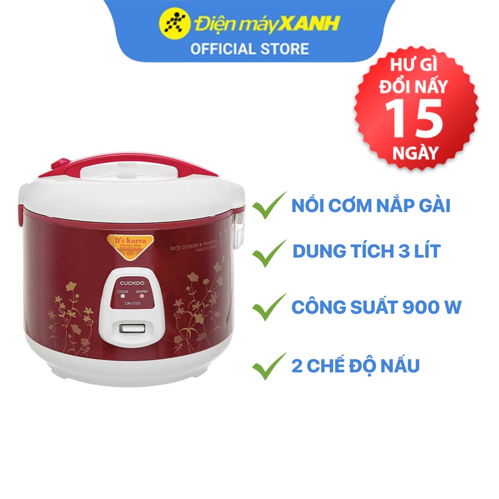 [Mã ELHADEV giảm 4% đơn 300K] Nồi cơm nắp gài Cuckoo CR- 1713 3 lít