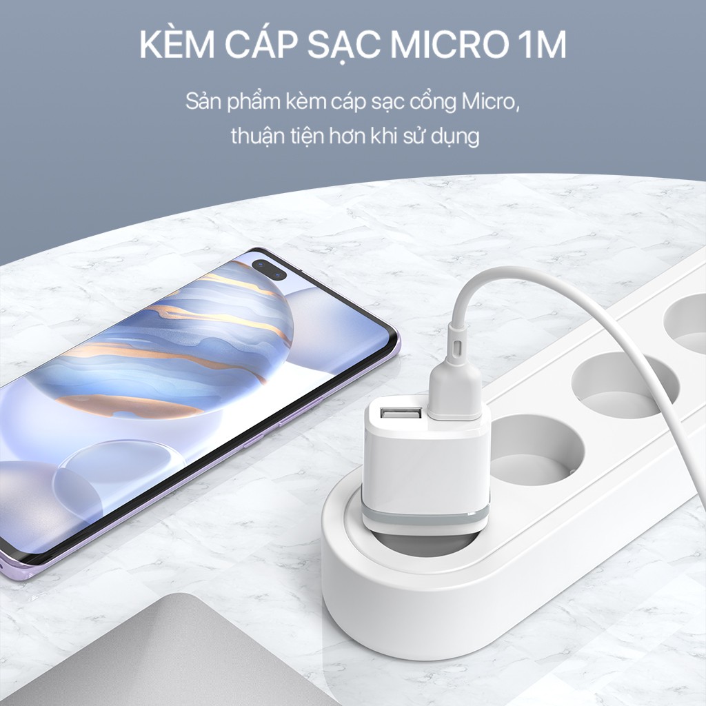 Cốc Sạc 2 Cổng USB ROBOT RT-K9 - 2 Cổng Sạc Ra Sạc Nhiều Thiết Bị iPhone Android - Kèm Cáp Micro 1m