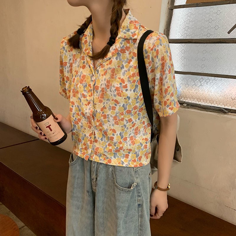 Sơ mi croptop hoa nhí cam vàng | 11 HIN