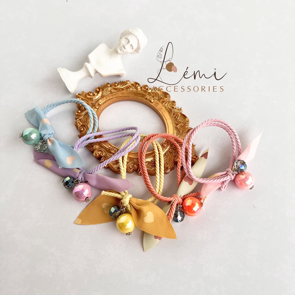 Dây buộc tóc thắt nơ vải trái tim đính đá Chun buộc tóc nhiều màu co giãn tốt dễ thương Lémi accessories