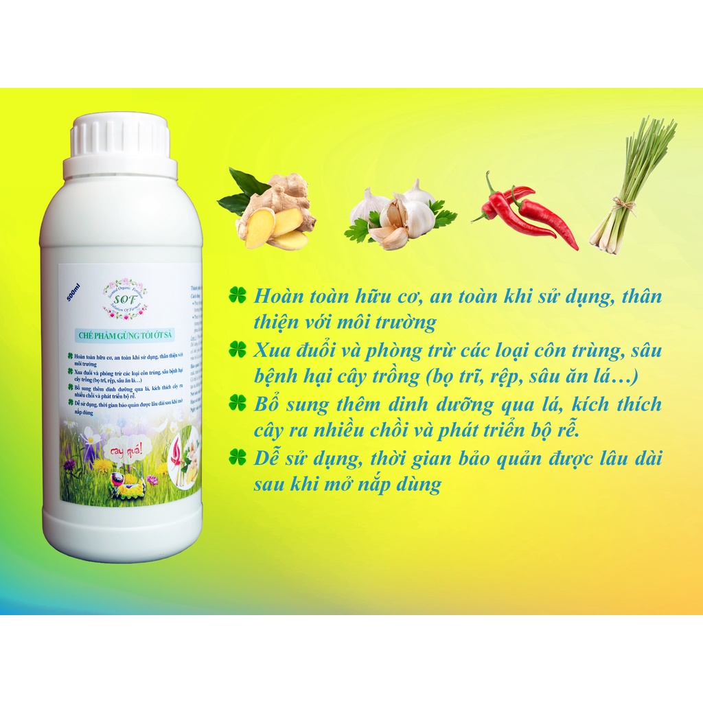 Chế phẩm sinh học trừ sâu 500ml (Gừng Tỏi Ớt Sả) trị Bọ trĩ, rệp, nhện đỏ, sâu