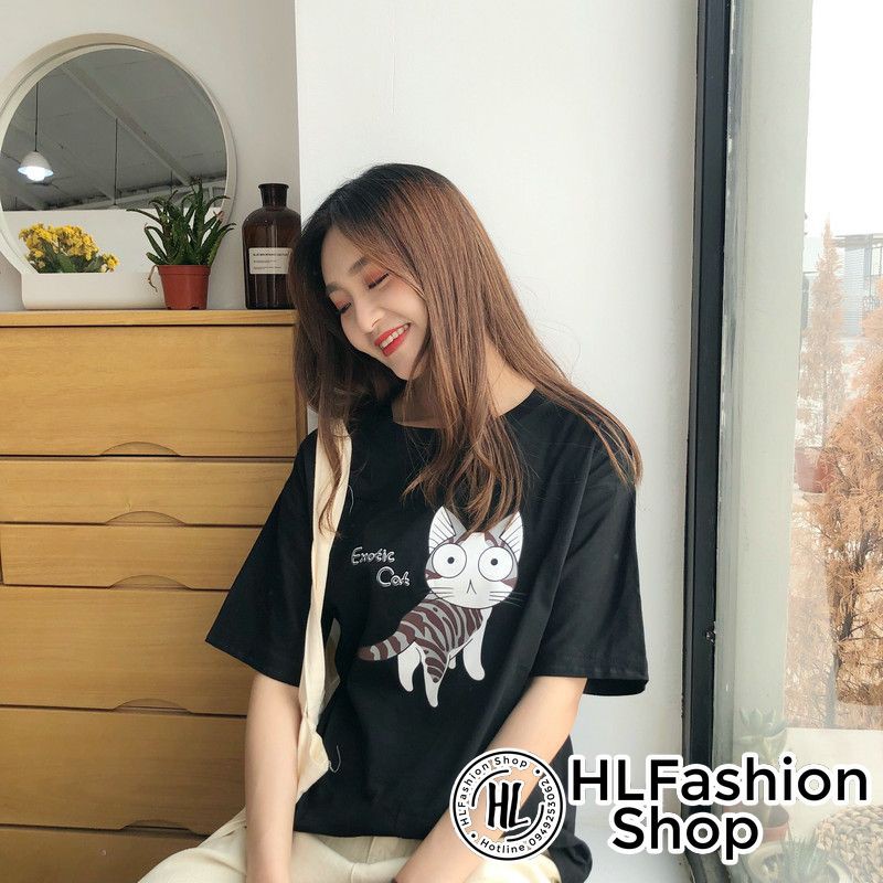 Áo thun tay lỡ form rộng Exotic Cat mèo ngây thơ, áo phông form rộng size HLFashion