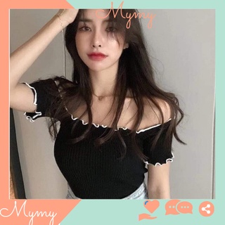 Áo Kiểu Trễ Vai Chạy Viền Lượn Sóng Hai Màu Trắng Đen Cho Nữ