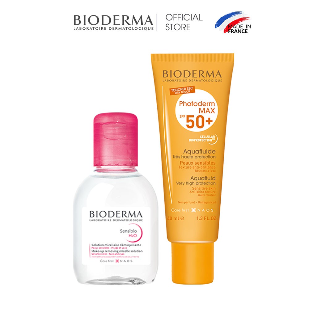 Bộ đôi kem chống nắng cho mọi loại da Bioderma Photoderm MAX Aquafluide SPF 50+ 40ml và tẩy trang Sensibio H2O 100ml