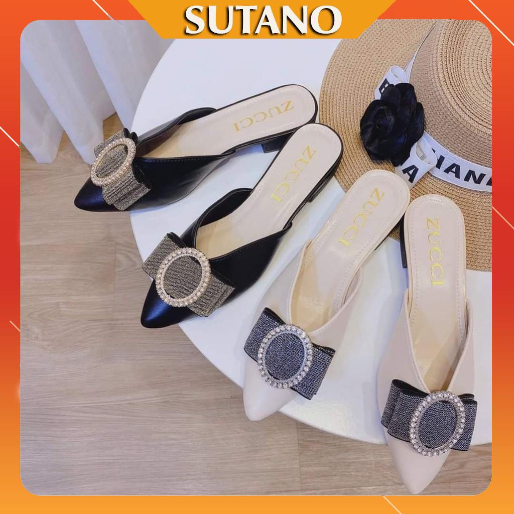 Giày sục nữ thời trang cao cấp đính nơ khóa ngọc tròn sanh chảnh S221 SUTANO
