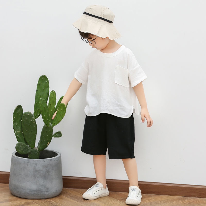 Bộ quần áo bé trai, Set áo phông ngắn tay xẻ tà túi ngực và quần đùi chất thô mềm cho bé từ 7-18 kg, SUN KID'S
