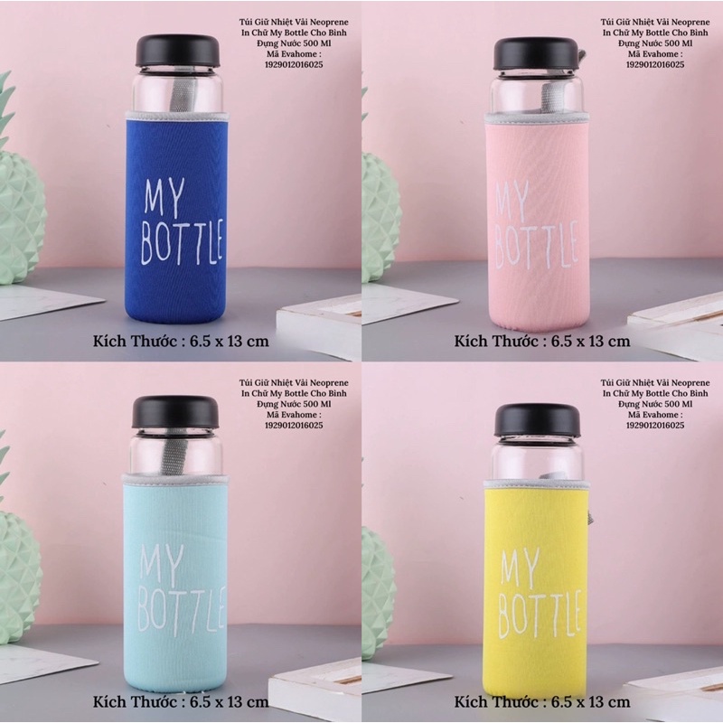 Bình Nước Thủy Tinh In Chữ My Bottle Kèm Vỏ Bọc Vải Neoprene Nhiều Màu 500ml