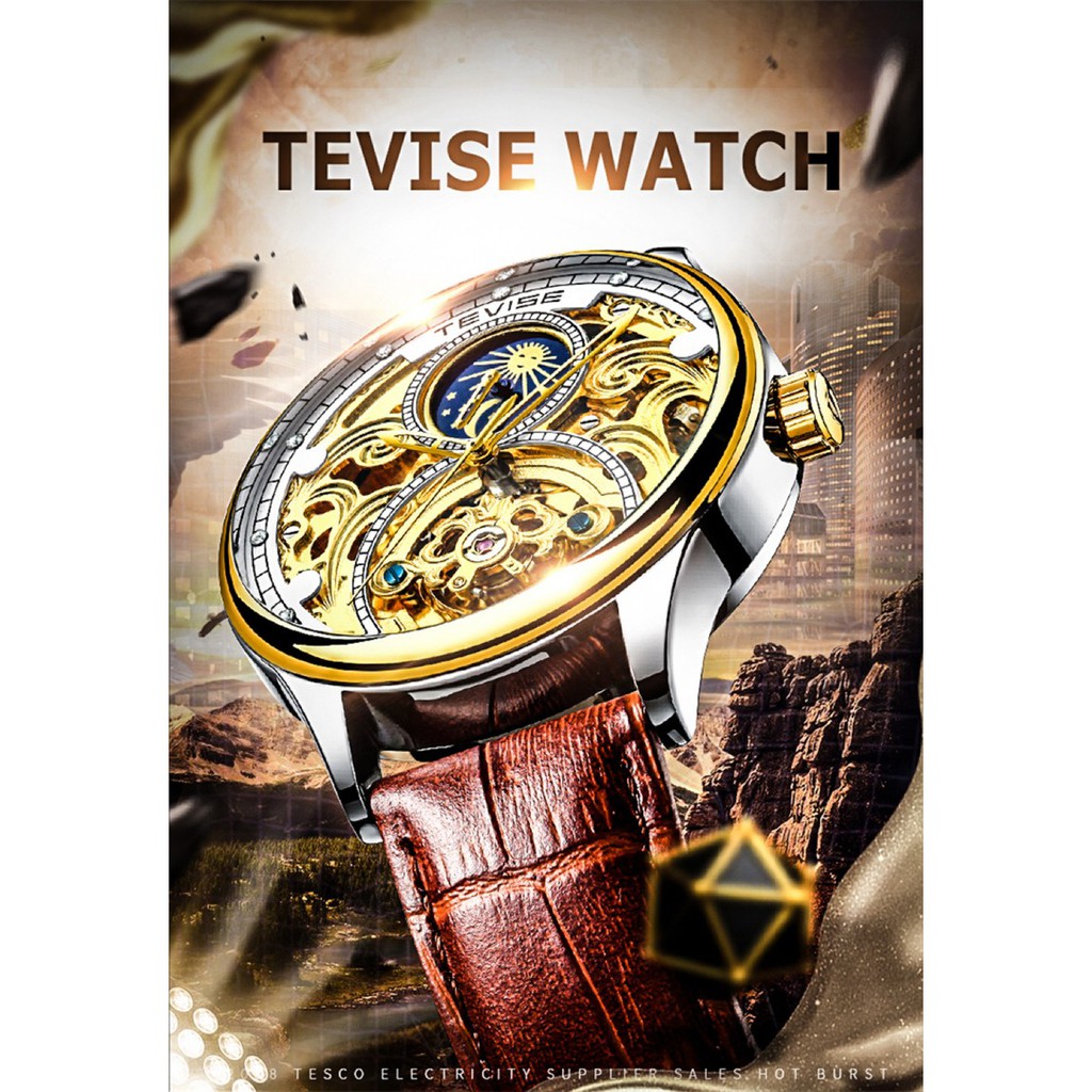 Đồng hồ cơ nam dây da cao cấp Tevise T820A-2 full box, mặt kính sapphire chống xước, chống nước, bảo hành 03 năm
