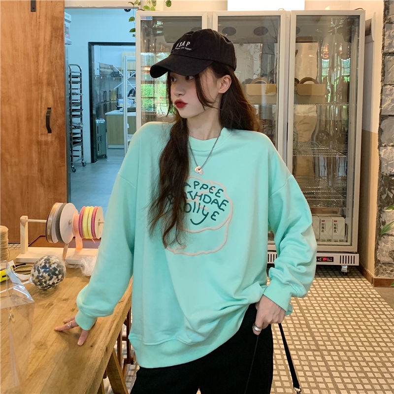 Áo Thun Nỉ Dáng Rộng In Hình Bọt Biển Thời Trang Hàn Quốc Cho Nữ