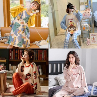 Đồ ngủ dài tay, bộ ngủ nữ thu đông, váy ngủ, quần áo mặc nhà cotton dễ thương, thoáng mát