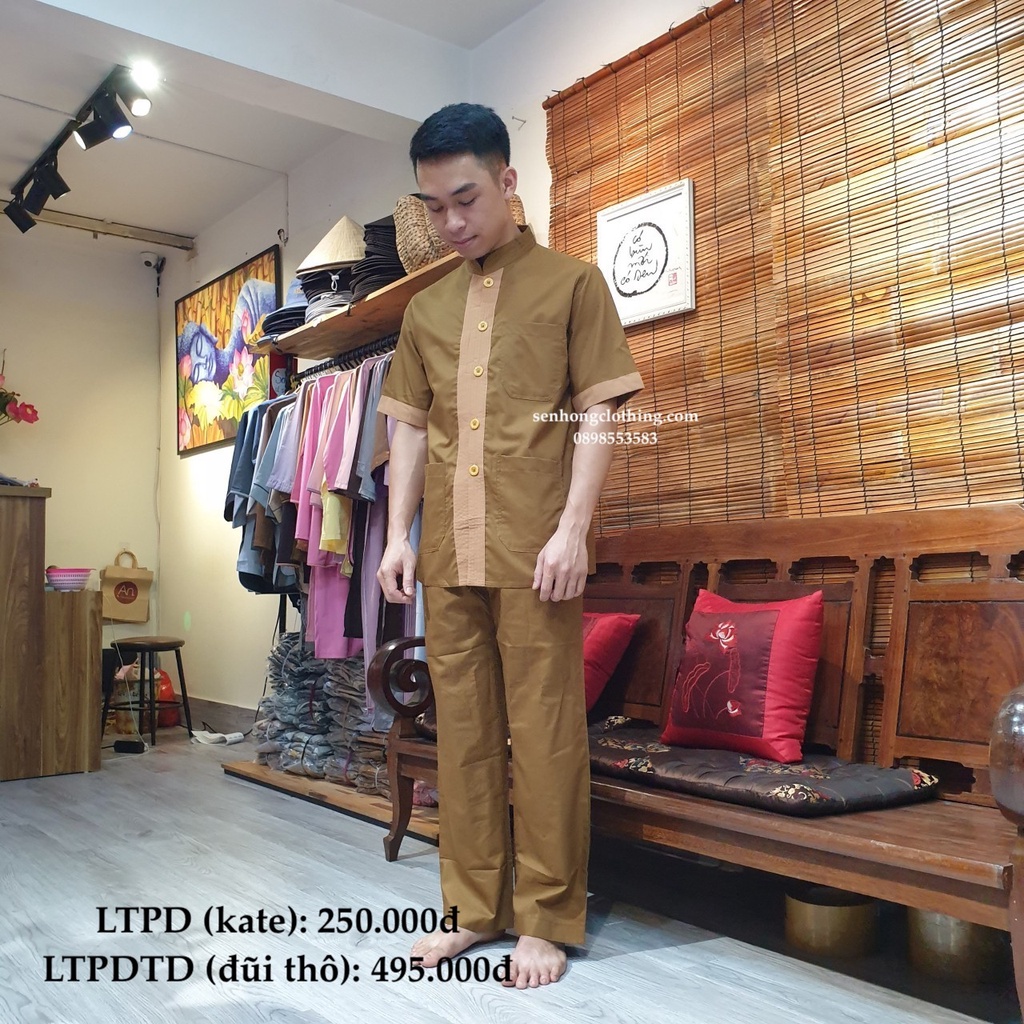ĐỒ PHẬT TỬ NAM - bộ lãnh tụ cư sĩ nam # pháp phục nam tay ngắn cúc nhựa có viền nổi LTP
