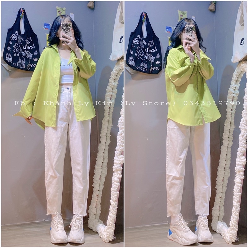 (Hình shop chụp) Sơmi xanh cốm hot trend , quần kaki jean trắng form baggy lưng cao | BigBuy360 - bigbuy360.vn