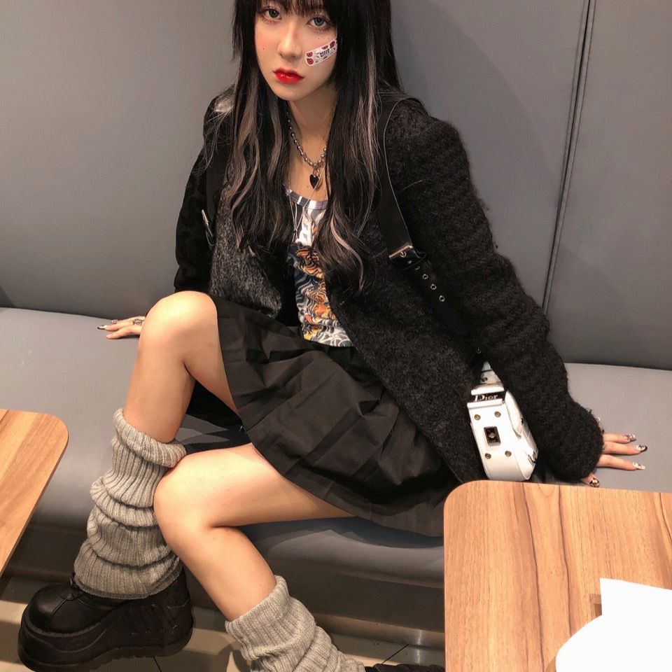 Y2k Vớ Len Harajuku Nhật Bản Màu Đen Xám Ống Rộng Cho Nữ jk