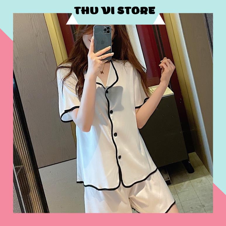 Đồ Bộ Nữ, Bộ Pijama Lụa Áo Nữ Cổ Lật Quần Cọc Viền Gợn Sóng Chất Lụa Satin 3 Màu Hồng, Đen, Trắng Form Dáng Rộng Dưới 60 | BigBuy360 - bigbuy360.vn