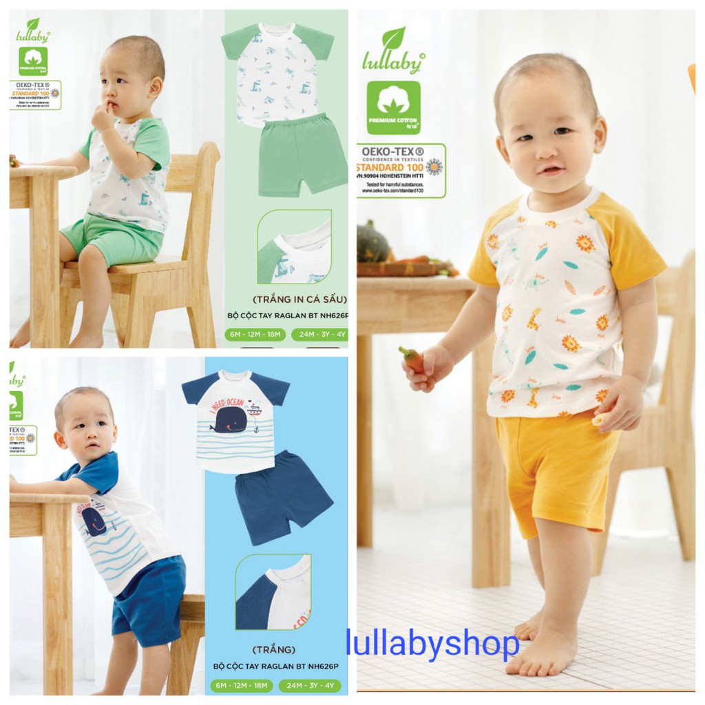 Bộ cộc tay raglan bé trai Lullaby NH626P, bộ quần áo cotton mềm mịn cao cấp