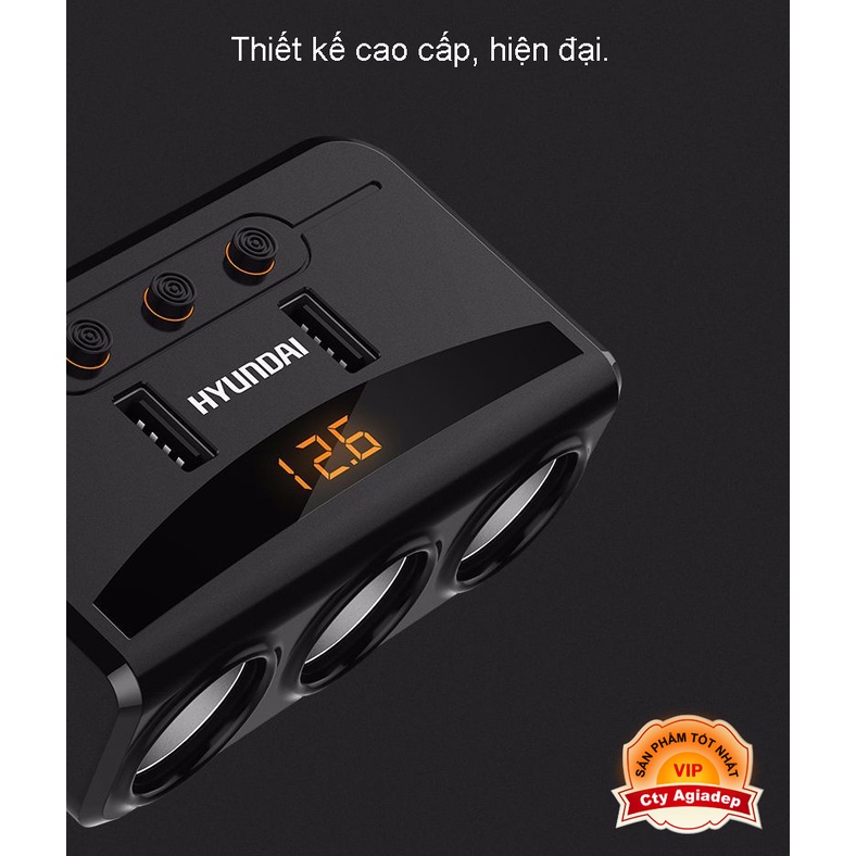 Bộ chia tẩu sạc oto xe hơi cao cấp hàng hiệu HYUNDAI (2 cổng USB, 3 cổng sạc) AHY29
