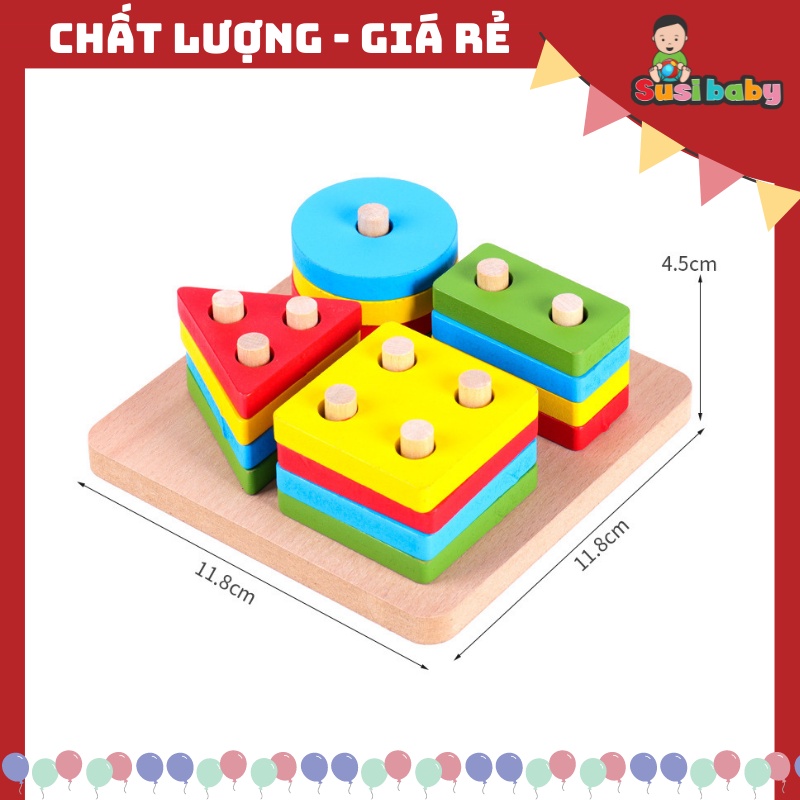 [KÈM QUÀ TẶNG] Đồ chơi gỗ thả hình khối 4 trụ hình vuông, hình chữ nhật - đồ chơi cho bé