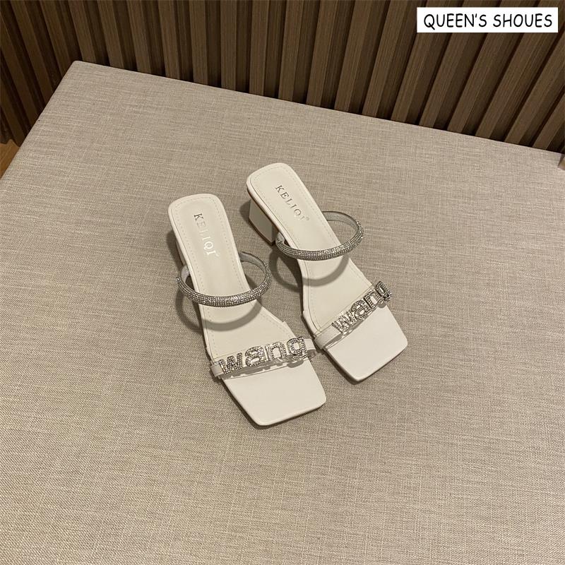 Giày Sandal Gót Dày Quai Đính Đá Chữ Thời Trang Nữ Sành Điệu