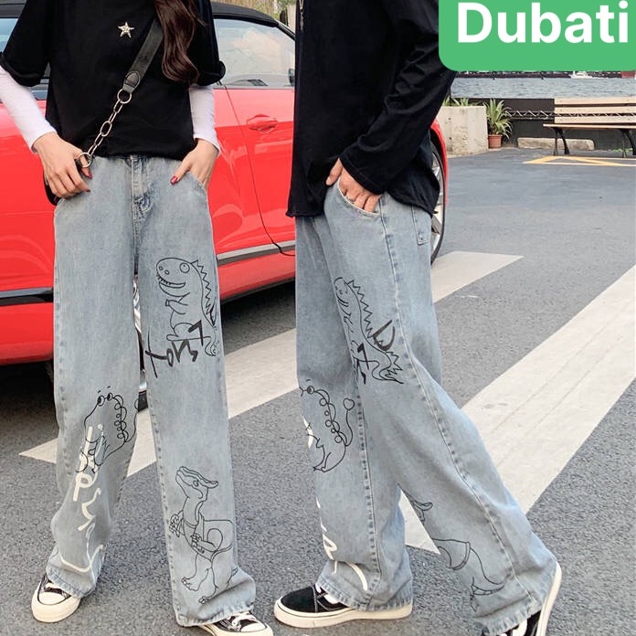 QUẦN BAGGY JEAN NAM NỮ CHẤT BÒ ỐNG RỘNG DÀI THÊU HÌNH KHỦNG LONG- DB 62- DUBATI FASHION