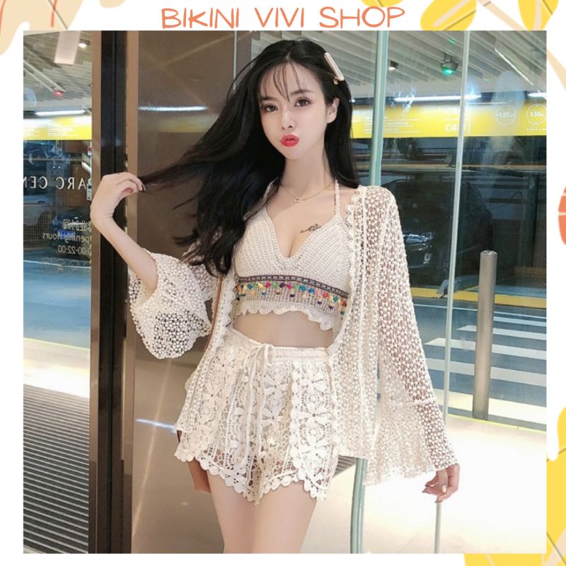 Bikini Len Đi Biển, Set Ren 3 Món Quảng Châu Viền Hạt Gạo Vivi Shop [Có Tách Lẻ] [Kèm Ảnh Thật]