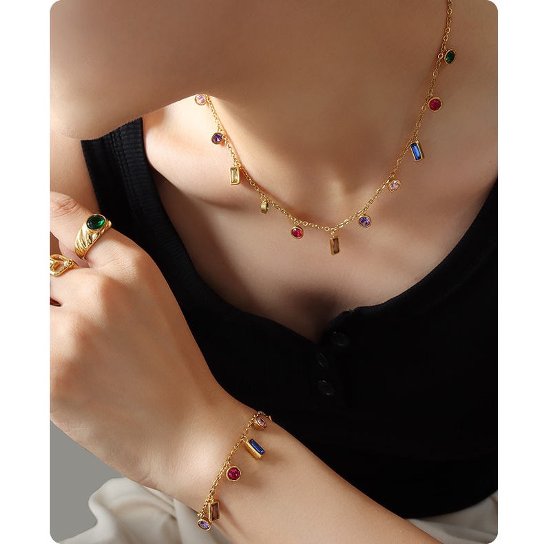 Set Dây Chuyền Và Vòng Tay Bằng Thép Titan Đính Đá Zircon Nhiều Màu Sang Trọng Không Phai Màu