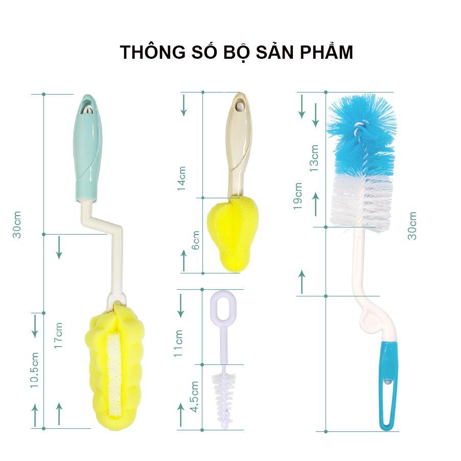 Bộ Cọ Rửa Bình Sữa Kichilachi Cho Bé Cao Cấp Tay Cầm Xoay 360 Độ, Cọ Núm Ti,An Toàn Cho Bé!