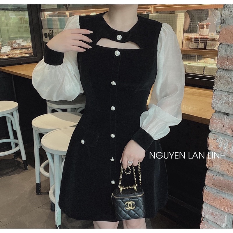 (Có BigSize) Đầm Váy Nhung Đen Phối Tay Trắng Kết Nút Ngọc Hở Cổ
