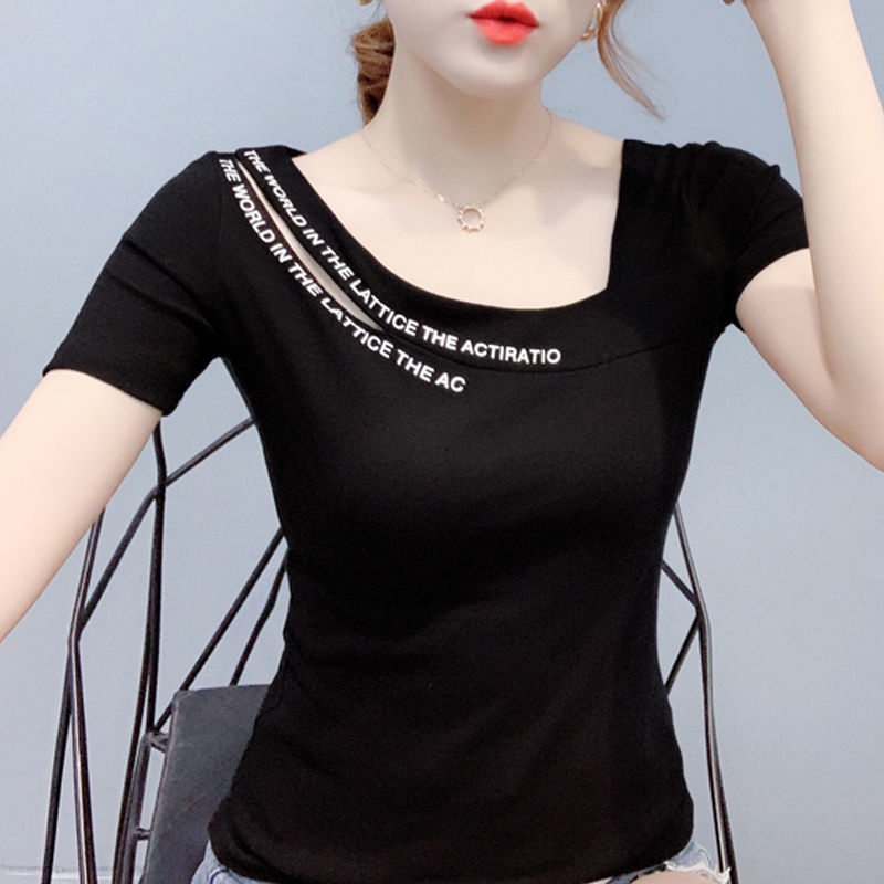 Áo Thun Cotton Ngắn Tay Dáng Ôm Thiết Kế Lệch Vai Độc Đáo Thời Trang Cho Nữ