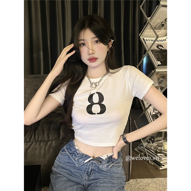 Áo Thun Tay Ngắn Cổ Tròn In Số 8 Thời Trang Hàn Quốc Dành Cho Nữ