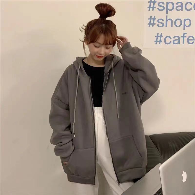 Áo Khoác Cardigan Có Mũ Trùm Dày Dặn Màu Sắc Đơn Giản Phong Cách Harajuku Hàn Quốc Cho Nữ