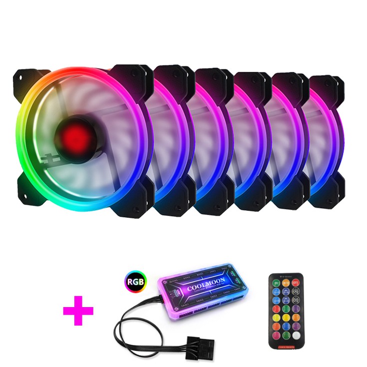 BỘ 6 Quạt Tản Nhiệt, Fan Case Coolmoon V2 LED RGB DUAL RING - KÈM BỘ HUB VÀ REMOTE