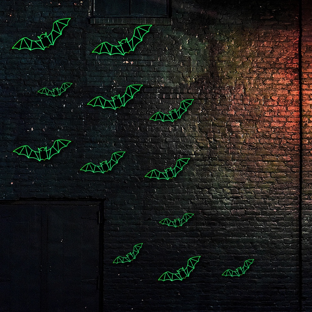 Bộ 12 Đề Can Dán Cửa Sổ / Cửa Ra Vào Họa Tiết Dơi 3D Màu Đen Dạ Quang Chống Thấm Nước Có Thể Tháo Rời