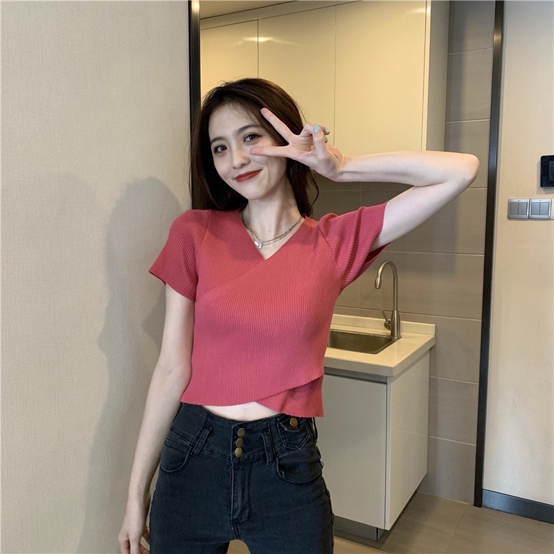 WANG JIAO ZHAN Áo sweater Dệt Kim Tay Ngắn Màu Sắc Đơn Giản Dễ Phối Đồ