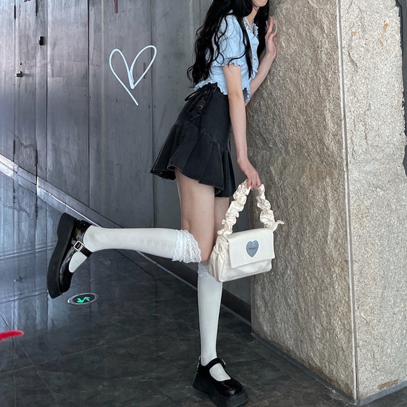 Jiashucheng Chân Váy Denim Chữ a Lưng Cao Xếp Ly Thời Trang Mùa Hè 2023