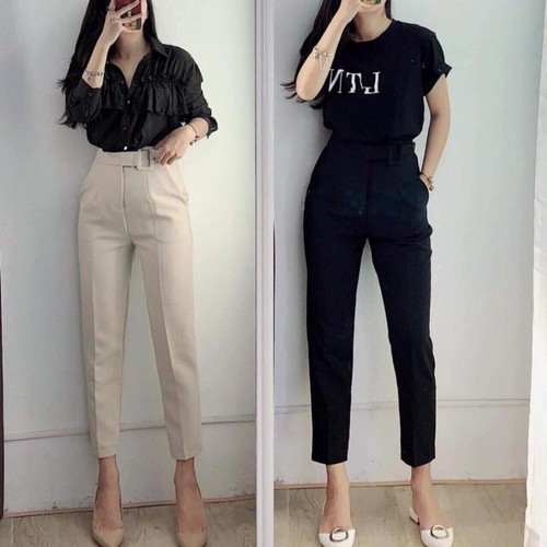 Quần baggy tây mix đai cúc lệch