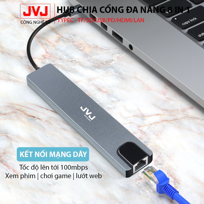 Hub Type C JVJ C8 đa năng 8 Cổng HDMI USB 3.0 SD TF LAN Gigabit RJ45 tốc độ truyền mạng 100Mbps-Bảo hành 24 Tháng