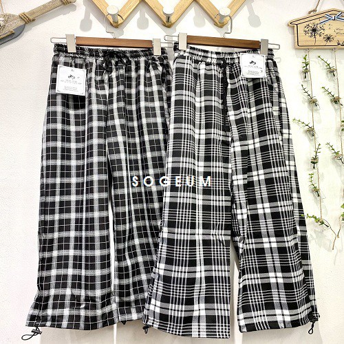 Quần vải kẻ caro dây rút chân mặc được 2 kiểu ống Jogger và ống rộng size S M L [video hình thật]