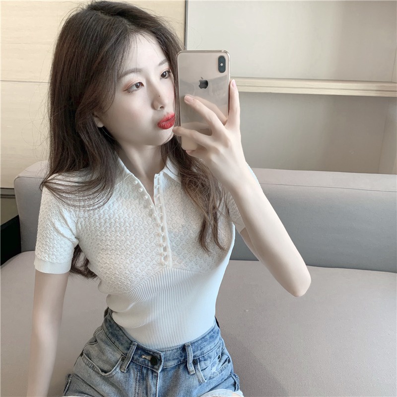 Áo thun polo ZHELIHANGFEI ngắn tay dáng ôm vải lụa lạnh đính nút ngọc trai thời trang cho nữ