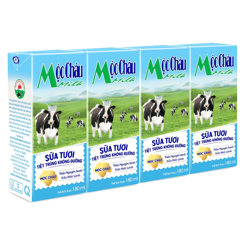 (Vỉ 4 hộp 180 ml) Sữa tươi có đường Mộc Châu