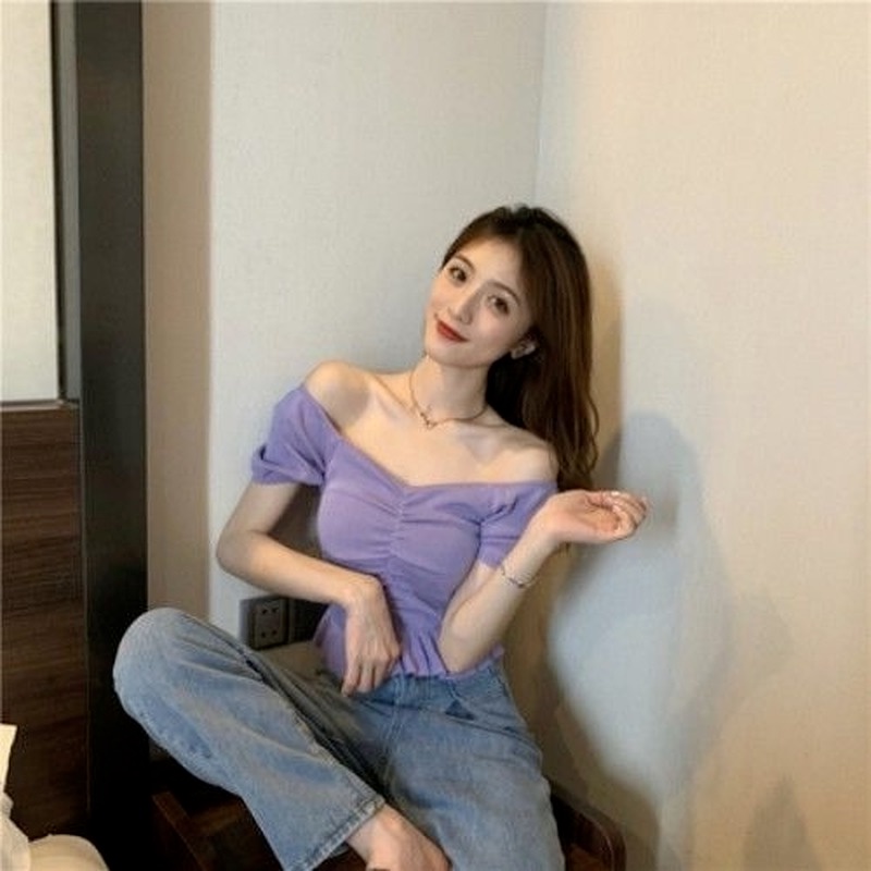 Áo Dệt Kim Ngắn Tay Cổ Vuông Trễ Vai Phong Cách Pháp Cho Nữ