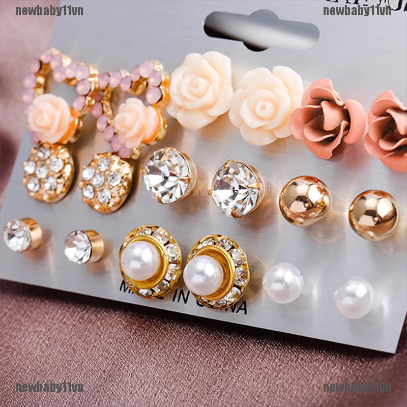 Set 9 Đôi Bông Tai Hoa Đính Hạt Giả Ngọc Trai