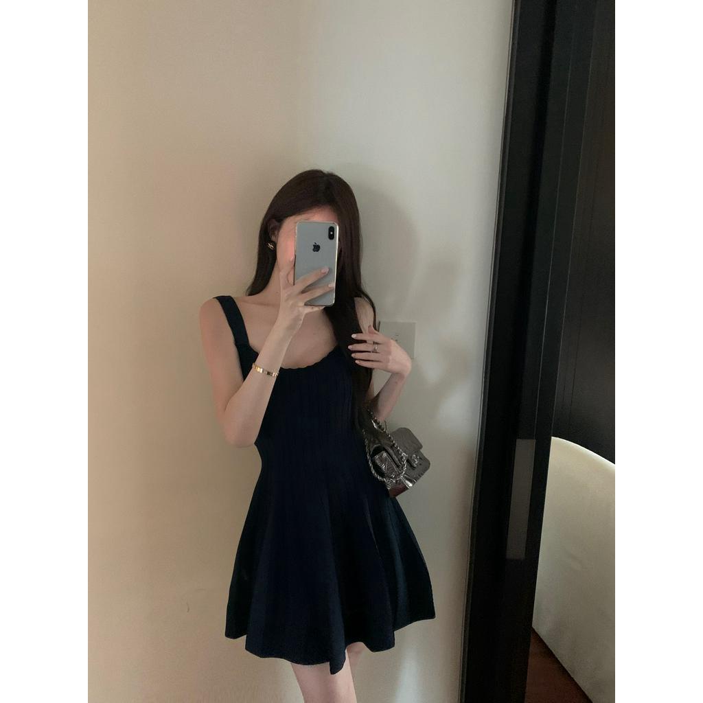 Ốp Đầm Lửng Hai Dây Màu Xanh navy Thời Trang Mùa Hè Cho Nữ