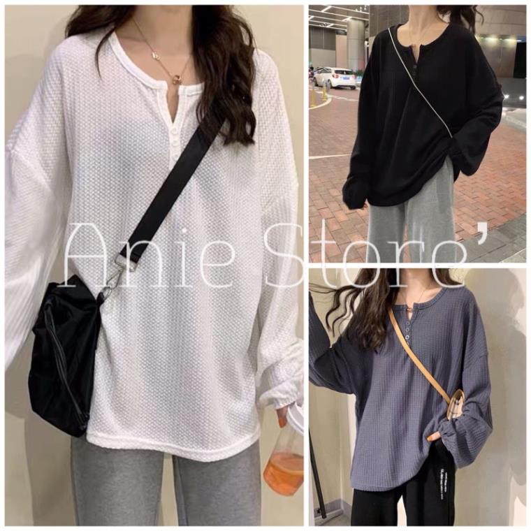 Siêu SALE Áo Thun Len Mỏng Tay Bo Cổ Tròn Cúc Cài 🦋 Áo Dài Tay Nữ Ulzzang Trơn Dáng Rộng Cổ V 3 Màu 🦋