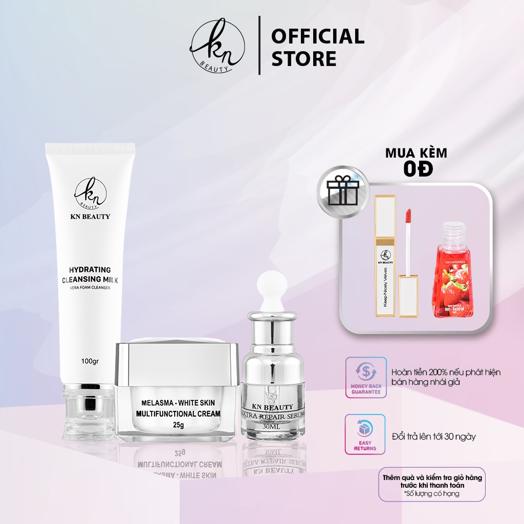 Combo 3 sản phẩm Trắng Da Ngừa nám KN Beauty: Kem dưỡng + Serum + Sữa rửa mặt tặng son + gel rửa tay