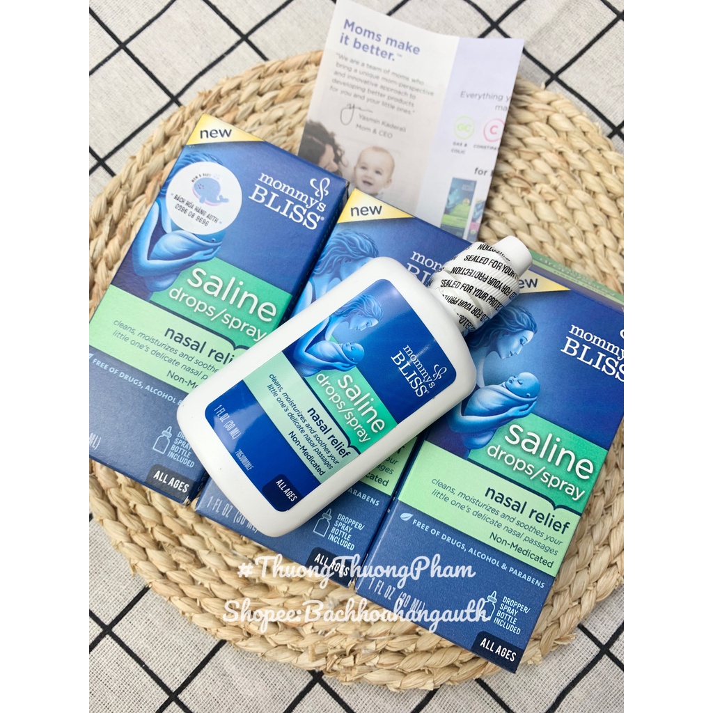 [ Hàng Mỹ ] Dung dịch nhỏ / xịt mũi rửa sạch, dưỡng ẩm mũi Mommy Bliss Saline Drops/Spray