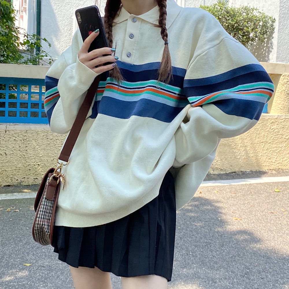 Áo sweater tay dài cổ polo dáng rộng họa tiết sọc ngang thời trang mới | BigBuy360 - bigbuy360.vn