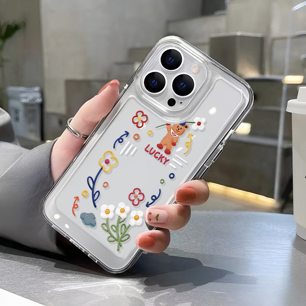 Ốp Điện Thoại Trong Suốt Họa Tiết Hoa Và Gấu May Mắn Cho iphone 14 Pro Max 14 Plus 13 11 12 7Plus X XR XS Max