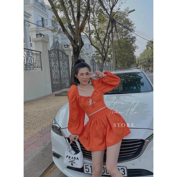 [8.8 Sales Freeship] Set bộ đùi áo tay dài nhún hở ngực cột dây sau lưng kèm quần sooc đùi phồng đi biển cực xinh dx